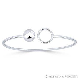 10mm Ball Bead & 13mm Circle Ring Open-Cuff Bangle .925 Sterling Silver Bracelet